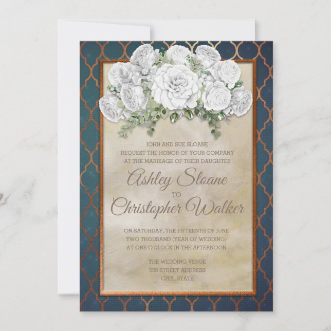 Invitation Elégant Turquoise Cuivre Blanc Mariage Floral Invi (Devant)