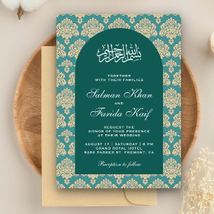 Invitation Élégant Turquoise Damask Arabian Arch Mariage isla
