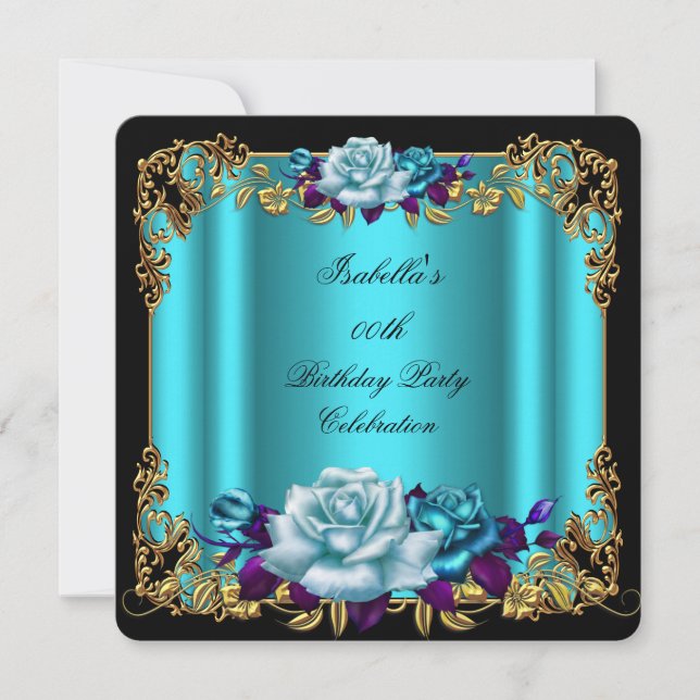 Invitation Elégant Turquoise doré bleu pourpre Roses Annivers (Devant)