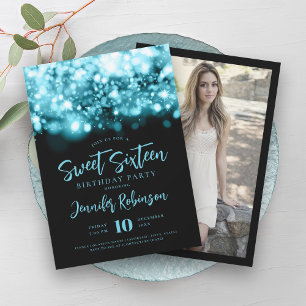 Invitation Élégant turquoise éclat lumière photo Sweet 16