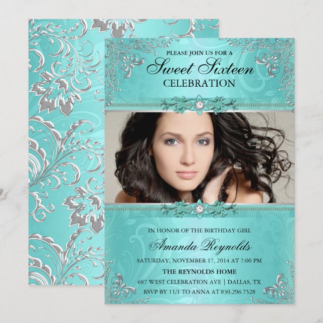 Invitation Élégant Turquoise et argent Sweet sixteen Floral I (Devant / Derrière)