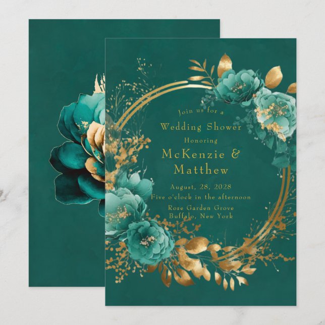 Invitation Élégant Turquoise et or Wedding shower floral (Devant / Derrière)