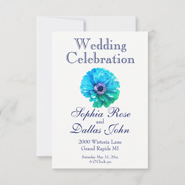 Invitation Elégant Turquoise Fleur florale Bleue Fleur Faisée (Devant)