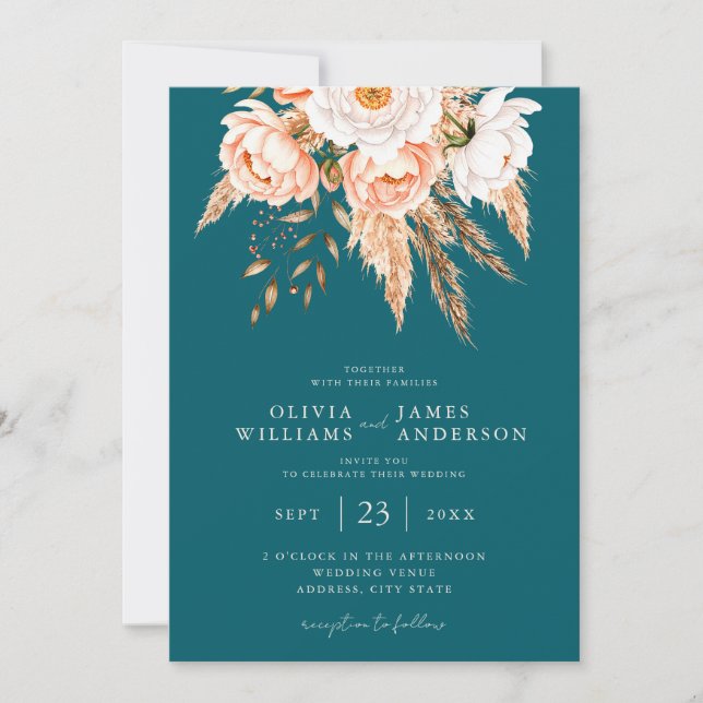 Invitation Elégant Turquoise foncé Boho Chic Fall Floral Mari (Devant)