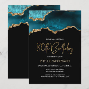 Invitation Elégant Turquoise Gold Agate 80e anniversaire