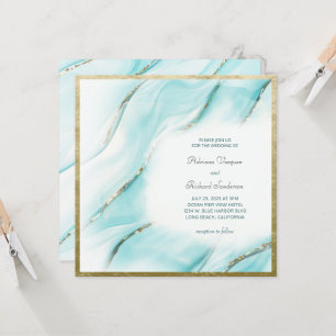 Invitation Elégant Turquoise Gold Agate Carré Mariage 