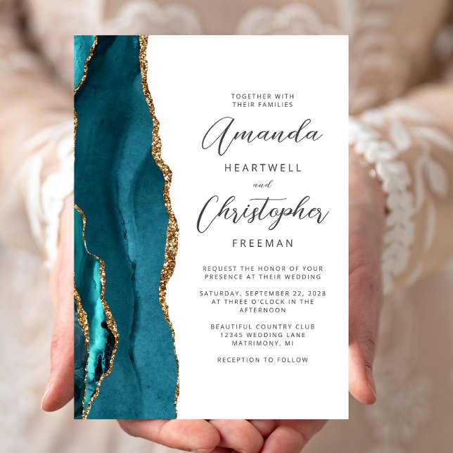 Invitation Élégant Turquoise Gold Agate Mariage de script (Créateur téléchargé)