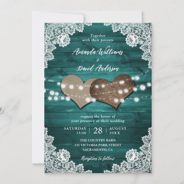 Invitation Élégant Turquoise grange dentelle dentelle Mariage (Devant)