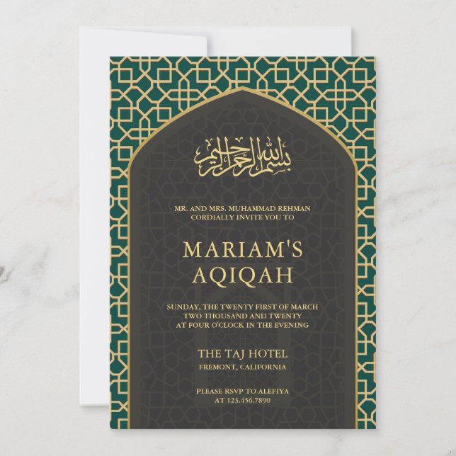 Invitation Elégant Turquoise gris or islamique Mihrab Aqiqah (Devant)