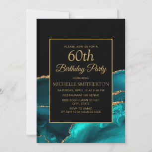 Invitation Elégant Turquoise Marbre Noir Or 60ème