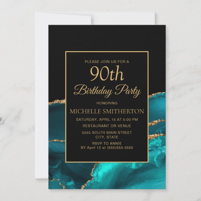 Invitation Elégant Turquoise Marbre Noir Or 90e anniversaire (Devant)