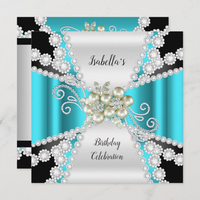 Invitation Elégant Turquoise Pearl Black White Diamond Annive (Devant / Derrière)