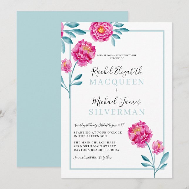 Invitation Élégant Turquoise rose rose  Mariage frontière (Devant / Derrière)