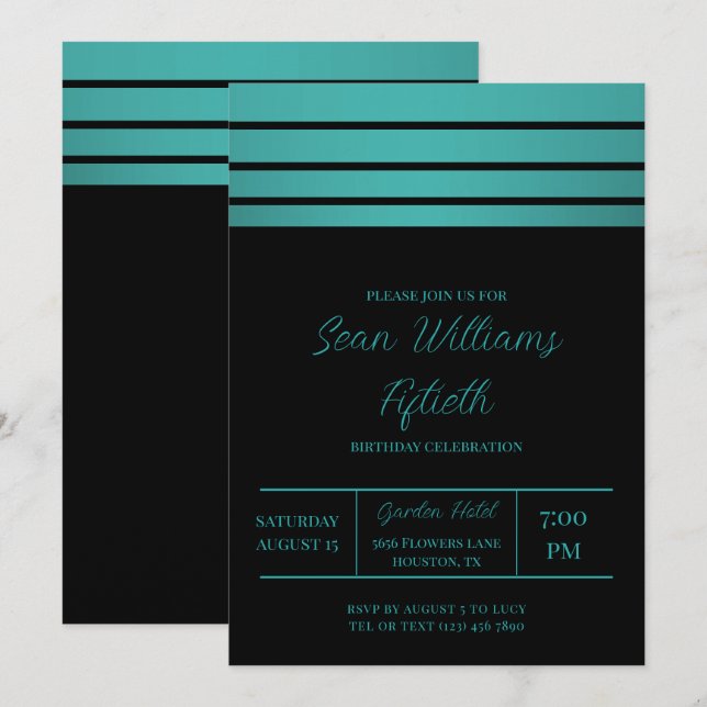 Invitation Elégant Turquoise Stripes Masculine Anniversaire (Devant / Derrière)