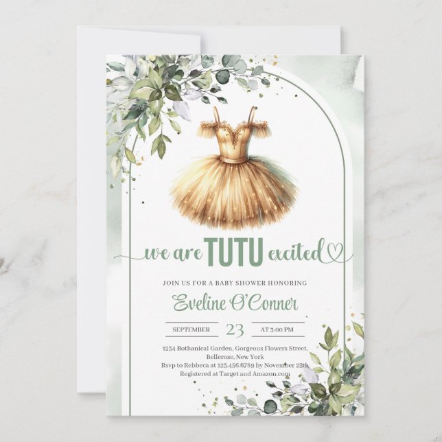 Invitation Elégant tutu or robe verdure fille voûtée (Devant)