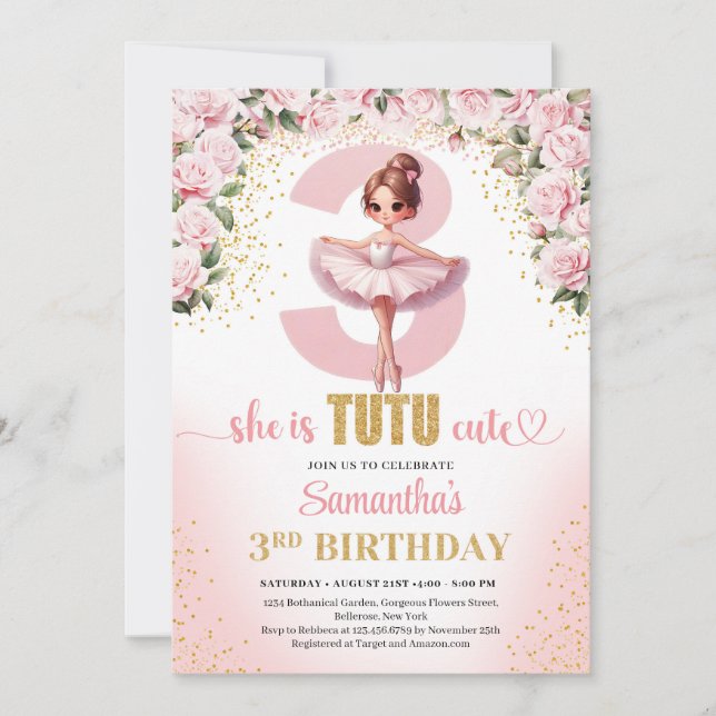 Invitation Elégant tutu rose floral robe or fille 3ème (Devant)