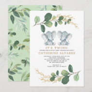 Invitation Elégant Twin Elephant Baby shower verdoyant doux