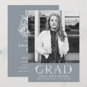 Invitation Élégant type floral Ardoise Blue Graduation Party