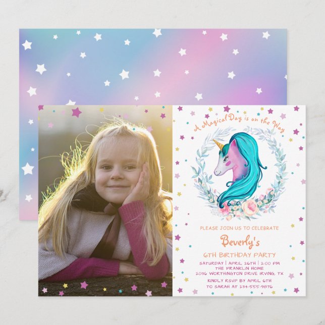 Invitation Elégant Unicorn aquarelle photo florale Anniversai (Devant / Derrière)