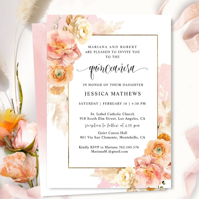 Invitation Elégant, unique couleur rose aquarelle Floral Quin (Créateur téléchargé)
