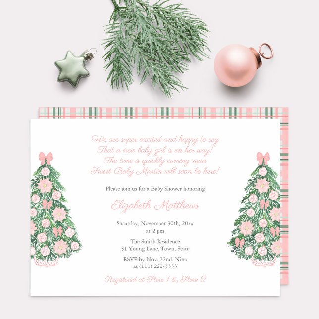 Invitation Elégant Vacances Watercolor Girl Baby shower (Pretty pink maximalist holidays or christmas inspired baby shower for girl invitation)
