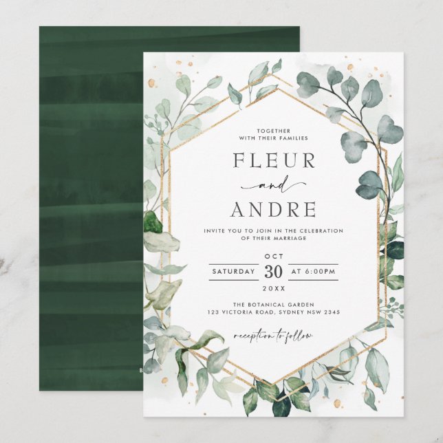 Invitation Elégant verdure Eucalyptus Mariage géométrique or (Devant / Derrière)