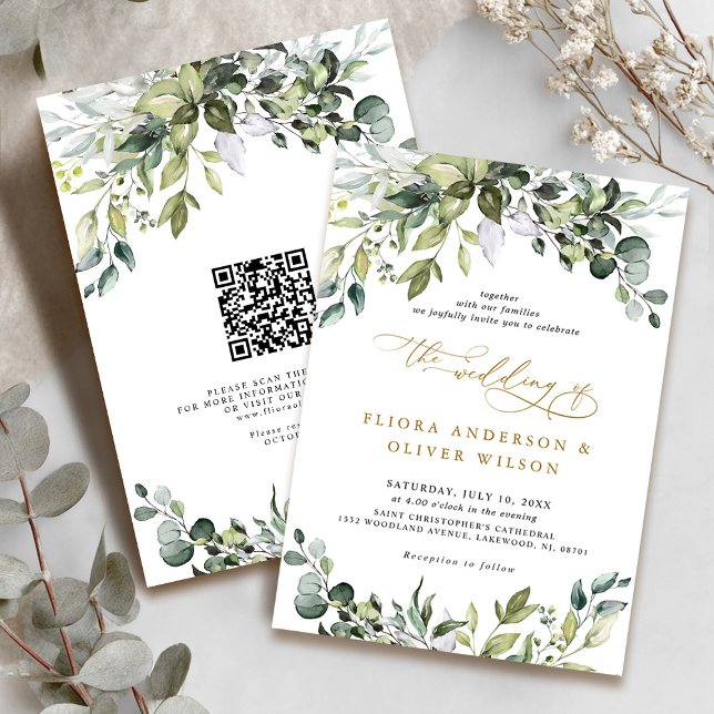 Invitation Élégant verdure Rustique Botanique QR Code Mariage (Elegant Greenery Rustic Botanical QR Code Wedding Invitation)
