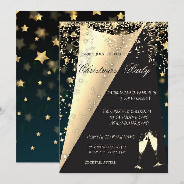 Invitation Elégant verre à vin, Stars Société Fête de Noël (Devant / Derrière)