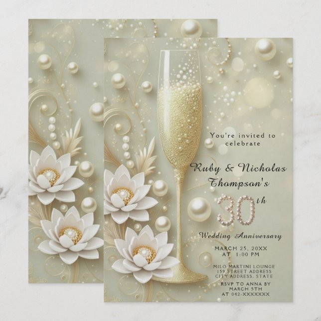 Invitation Elégant verre Pearl & Champagne 30e Mariage Anniv (Devant / Derrière)