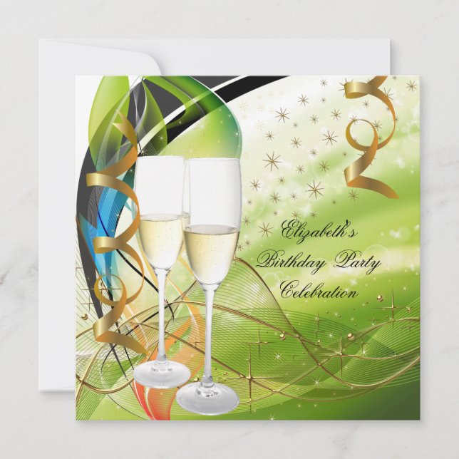 Invitation Elégant Vert Bleu Or Anniversaire Champagne (Devant)