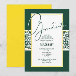 Invitation Élégant vert et jaune Damas Graduation
