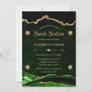 Invitation Élégant Vert et Or Faux Paillettes Agate Sweet 16