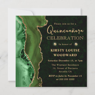 Invitation Élégant Vert et Or Paillettes Agate Quinceanera