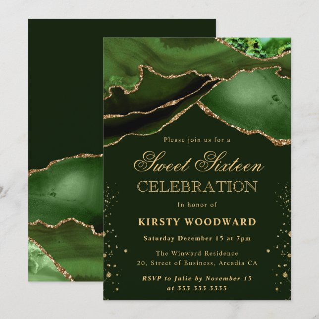 Invitation Élégant Vert et Or Parties scintillant Agate Sweet (Devant / Derrière)