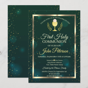 Invitation Élégant Vert, Étoiles Première Sainte Communion