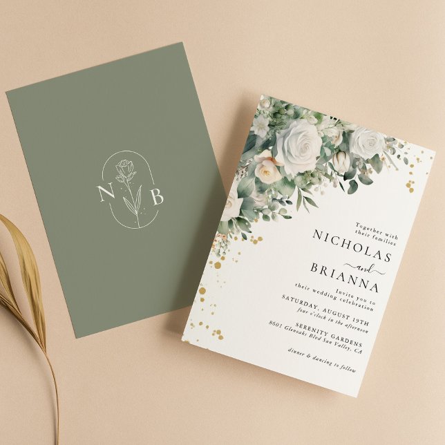 Invitation Elégant vert Eucalyptus Rose blanche Mariage (Créateur téléchargé)