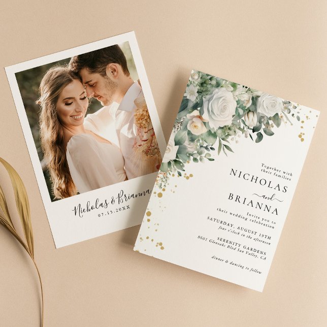 Invitation Elégant vert Eucalyptus Rose Mariage photo (Créateur téléchargé)