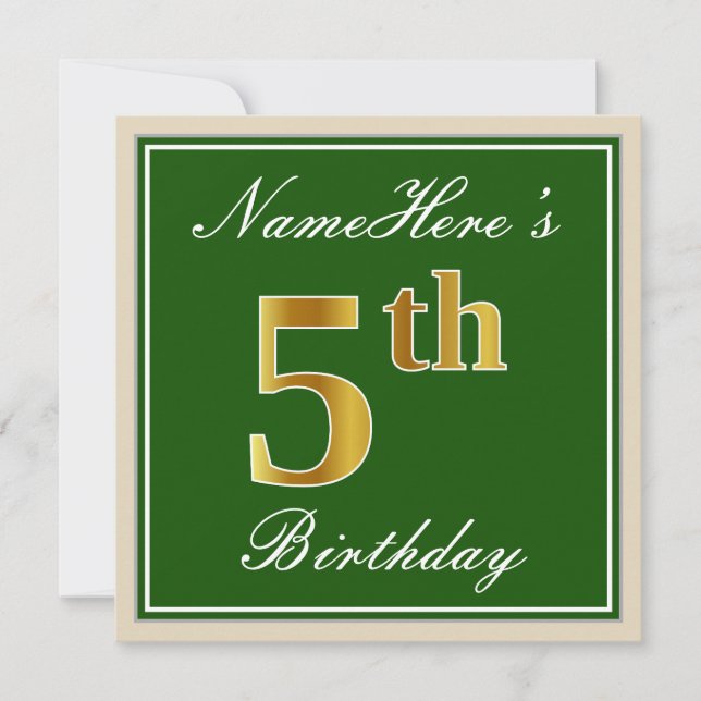 Invitation Elégant, Vert, Faux Gold 5e anniversaire + Nom (Devant)