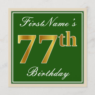 Invitation Élégant, Vert, Faux Gold 77e anniversaire + Nom