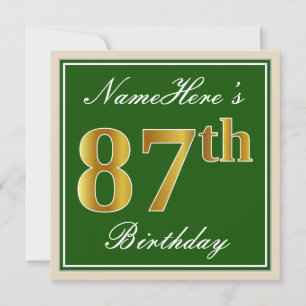 Invitation Élégant, Vert, Faux Gold 87e anniversaire + Nom