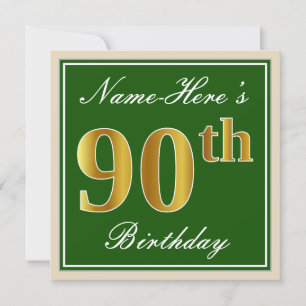 Invitation Elégant, vert, Faux Gold 90e anniversaire + Nom