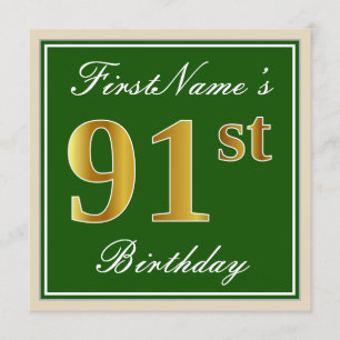 Invitation Elégant, Vert, Faux Gold 91ème Anniversaire + Nom