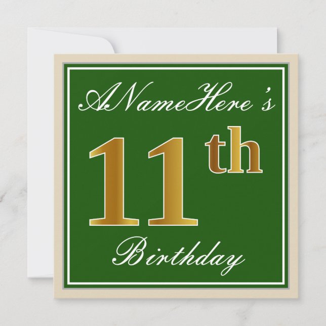 Invitation Elégant, Vert, Faux Or 11ème Anniversaire + Nom (Devant)