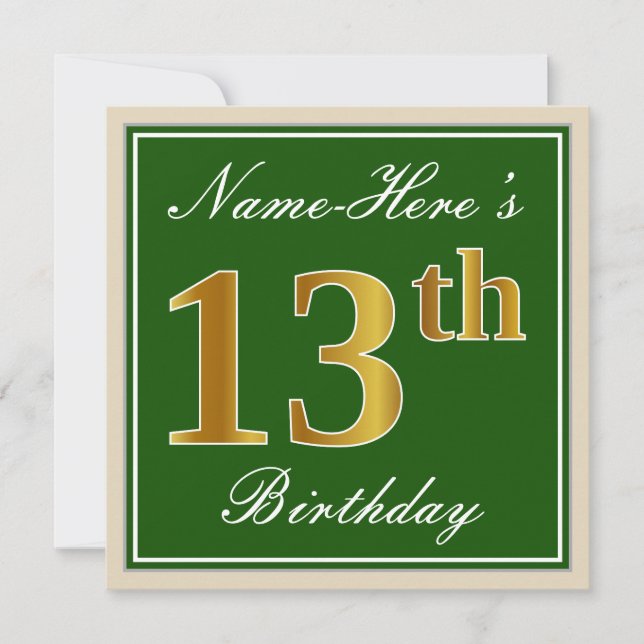 Invitation Elégant, Vert, Faux Or 13ème anniversaire + Nom (Devant)