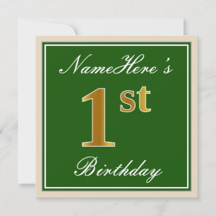 Invitation Elégant, Vert, Faux Or 1er Anniversaire + Nom