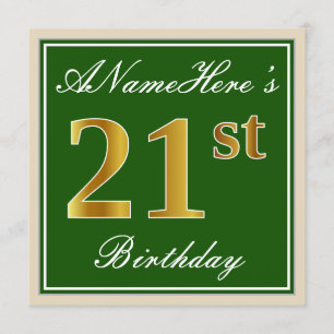 Invitation Elégant, Vert, Faux Or 21ème Anniversaire + Nom