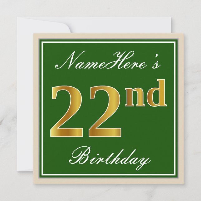 Invitation Élégant, Vert, Faux Or 22ème anniversaire + Nom (Devant)