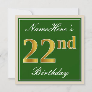 Invitation Élégant, Vert, Faux Or 22ème anniversaire + Nom