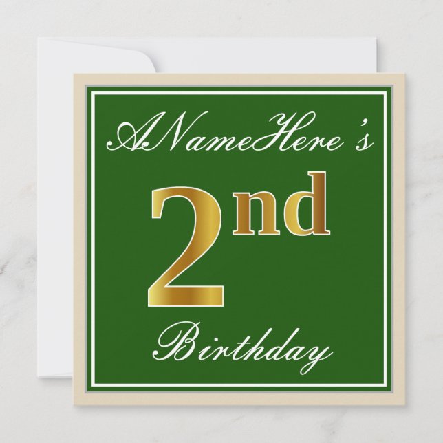Invitation Élégant, Vert, Faux Or 2ème anniversaire + Nom (Devant)