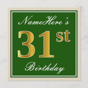 Invitation Elégant, Vert, Faux Or 31ème Anniversaire + Nom